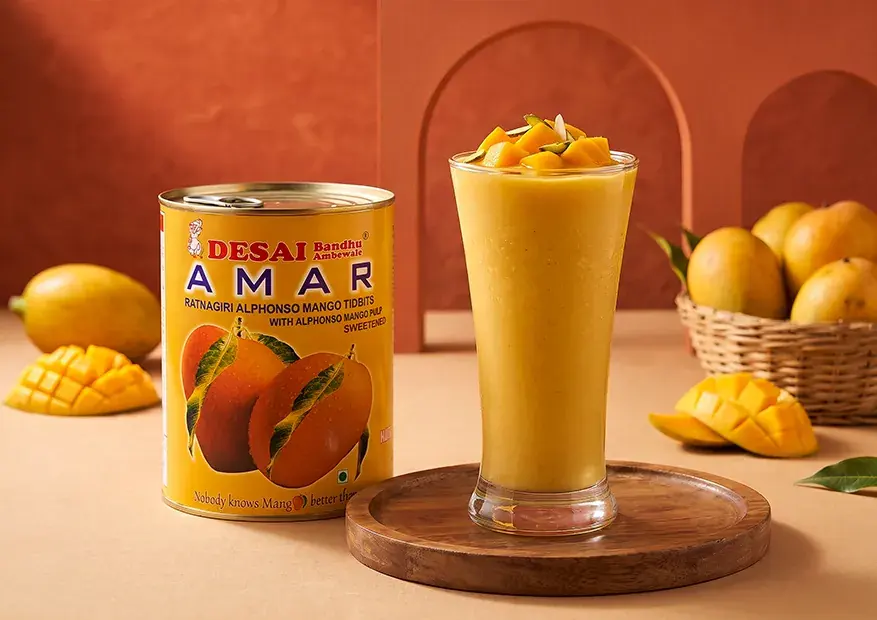 Classic Alphonso Aamras served with a tin of Amar Alphonso pulp